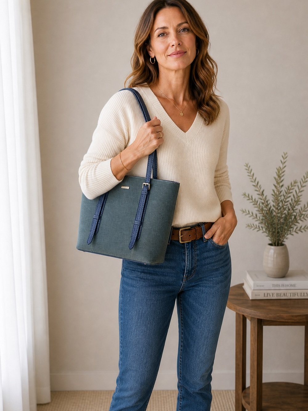 David Jones Paris Structured Blue Minimalist Big Purse-Tote Bag With Adjustable